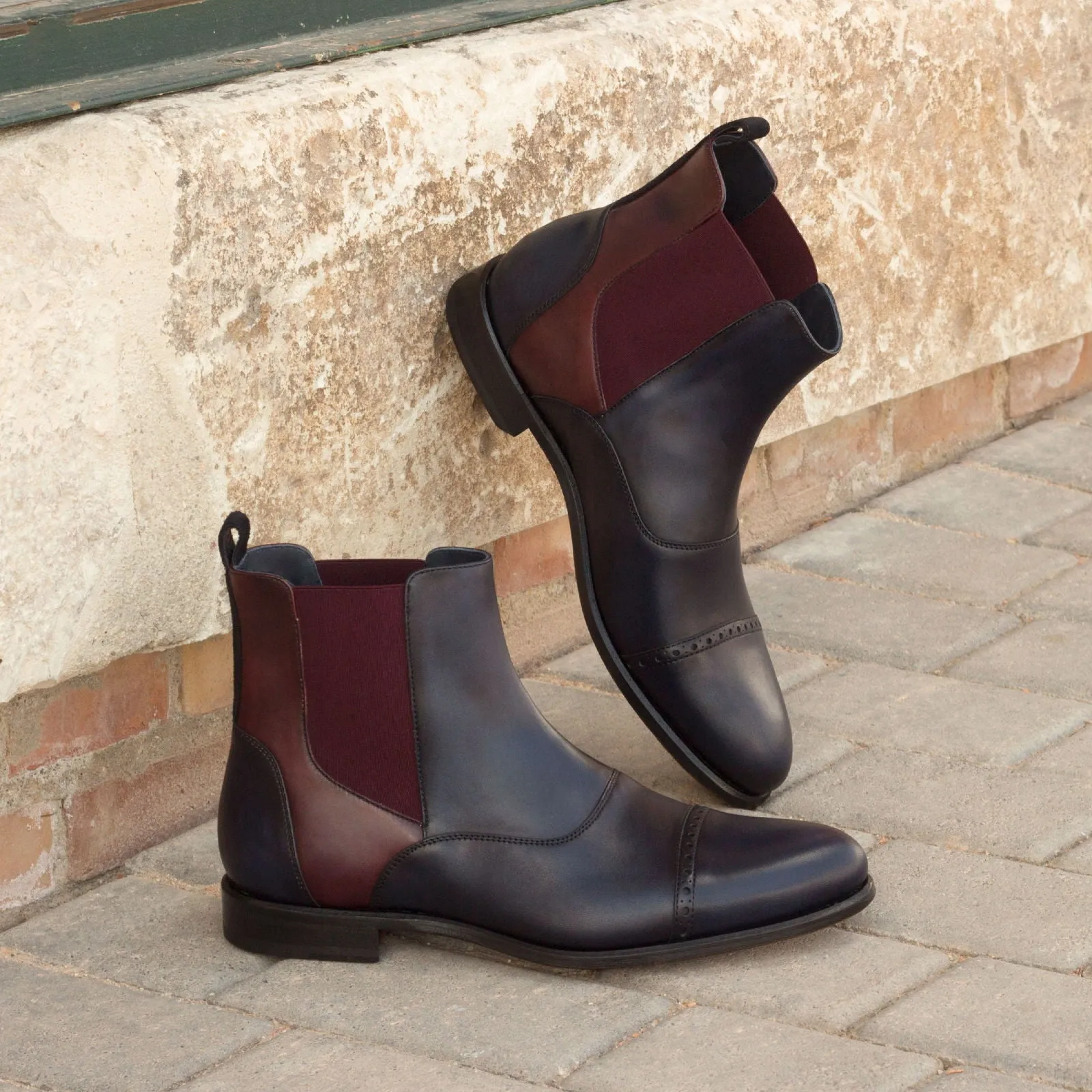 DapperFam Vesuvio in Navy / Burgundy Men's Lux Suede & Italian Leather Chelsea Multi Boot